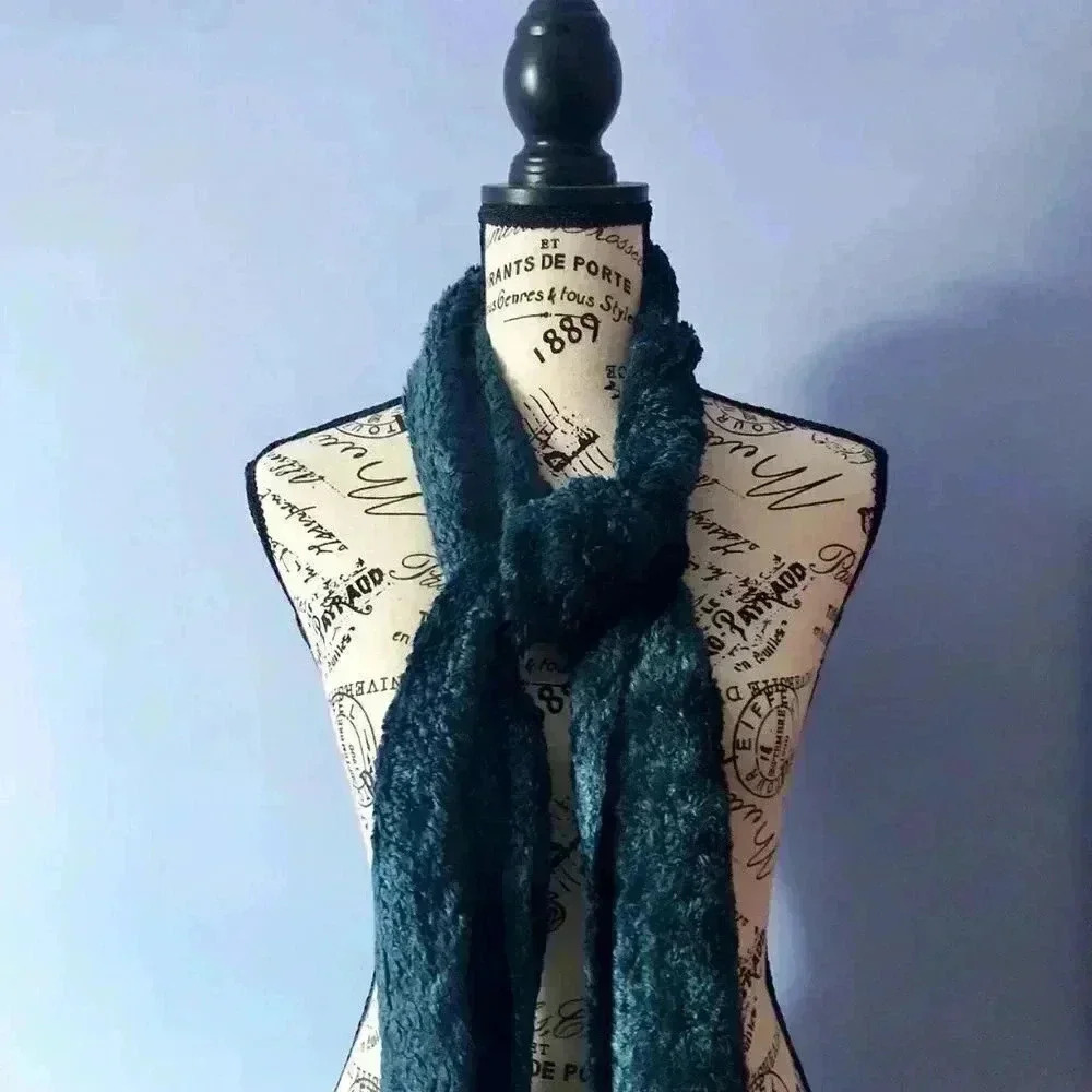 Teal Blue Green Chenille Scarf with Black Fringe NWOT